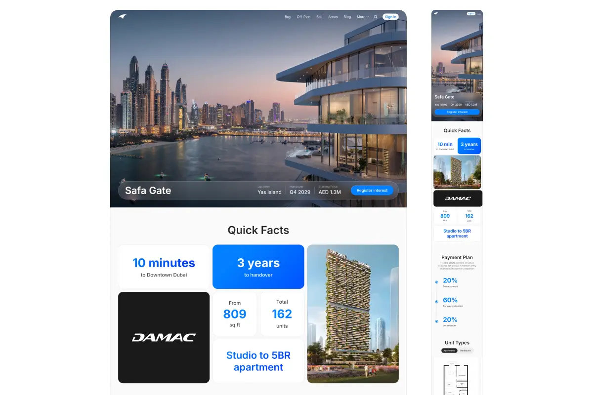 Страница off-plan проекта Tarex с большим первым экраном, quick facts и параметрами объекта